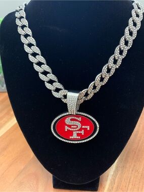 NFL San Francisco 49ers Cuban Link Necklace with Red SF Pendant